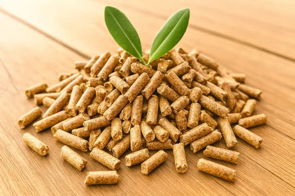Mucchio di pellet di legno ecologico con foglie verdi su fondo in legno