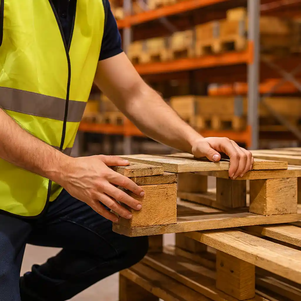 Operatore che controlla un pallet di legno in magazzino industriale ordinato