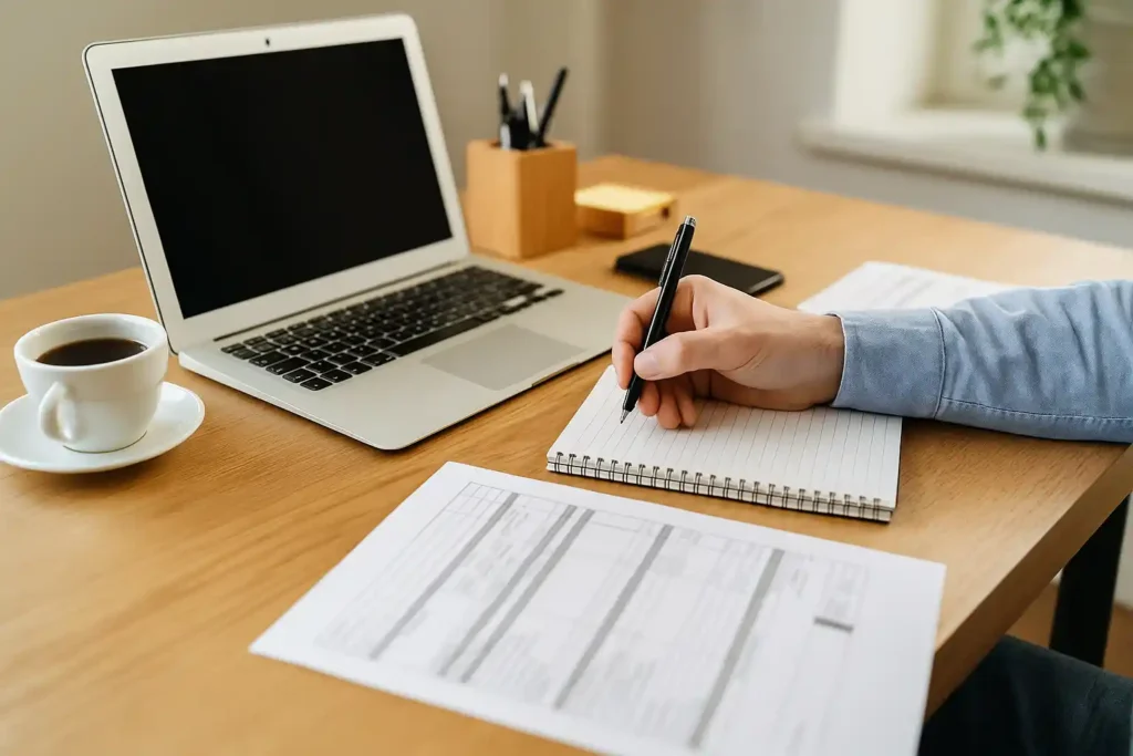 Gestione ordini e assistenza clienti Pallet & Pellet – scrivania con laptop, tazza di caffè e taccuino in ambiente di lavoro ordinato.