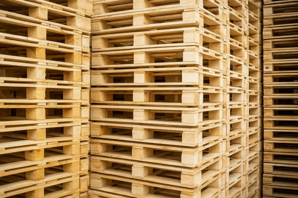 Pile ordinate di pallet in legno chiaro per spedizioni e stoccaggio industriale