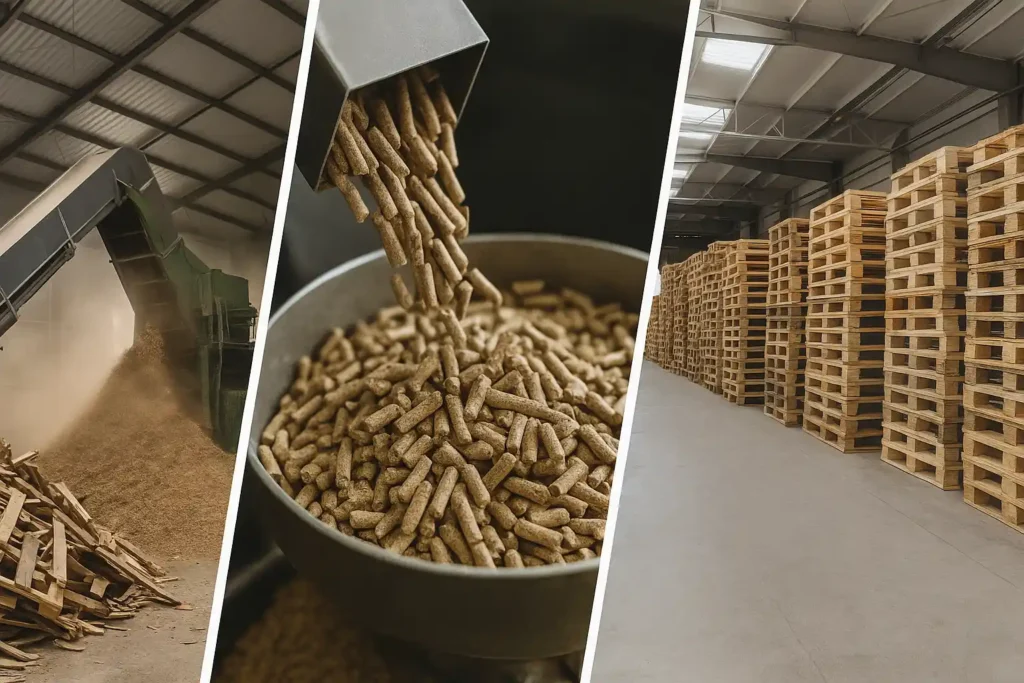 Processo di riciclo del legno con triturazione dei pallet, produzione di pellet e magazzino di pallet rigenerati.