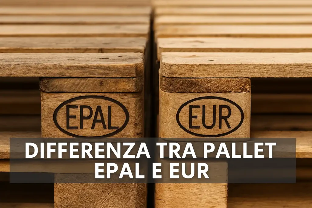 Primo piano di pallet in legno con marchi EPAL ed EUR incisi, a confronto per evidenziare le differenze tra i due standard.